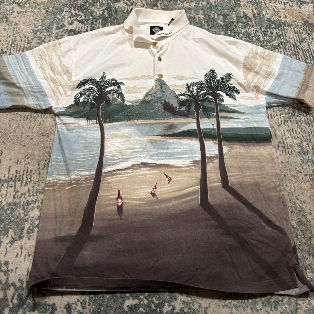 Vintage 1990s Tabasco all-over-print scenic beach golf polo Large